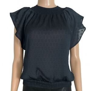 Express top blouse black/gold ruffle sleeve ruched bottom keyhole back SZ SM